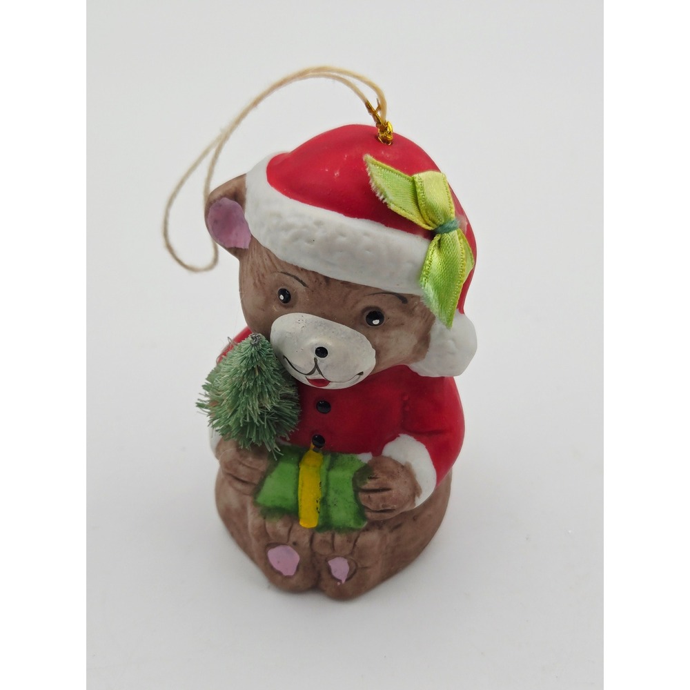 Vintage 1986 Giftco Porcelain Bear Christmas Bell Ornament Santa Hat Tree 3in